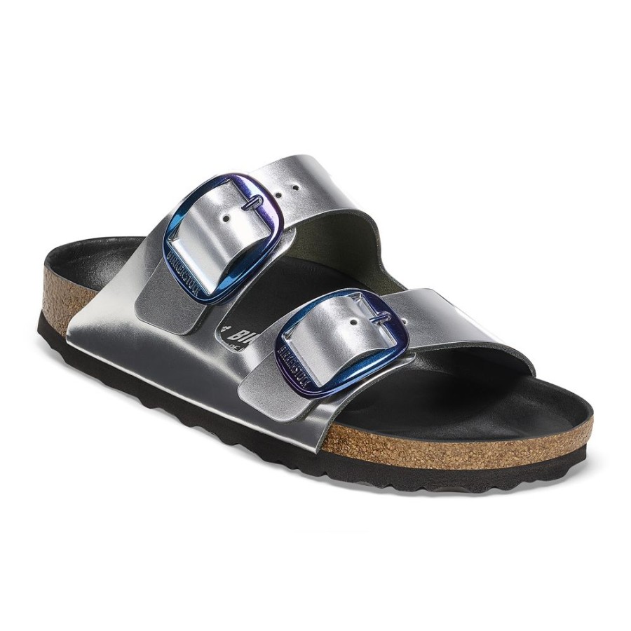 Birkenstock Arizona Big Buckle Metallic Silver Leather Narrow Width Hard Footbed | Sandals