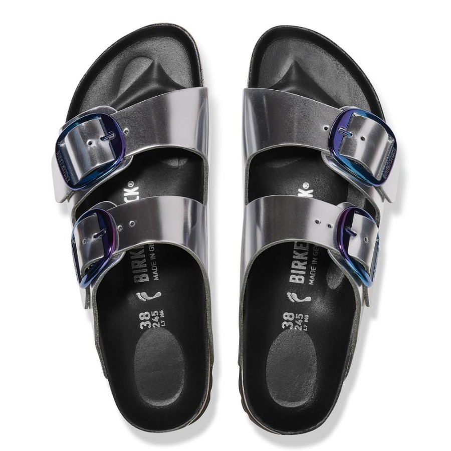 Birkenstock Arizona Big Buckle Metallic Silver Leather Narrow Width Hard Footbed | Sandals