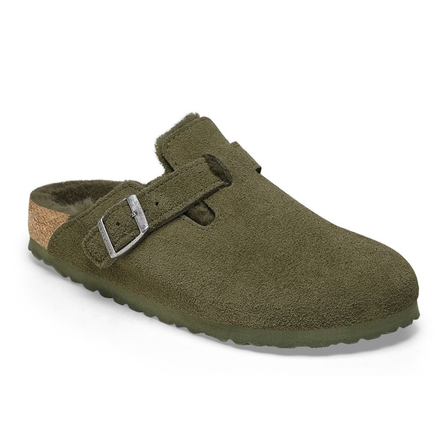 Birkenstock Boston Shearling Thyme Suede Regular Width | Slippers