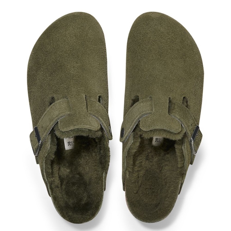 Birkenstock Boston Shearling Thyme Suede Regular Width | Slippers