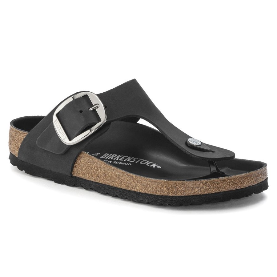 Birkenstock Gizeh Big Buckle Black Oiled Leather Regular Width Hard Footbed | Sandals