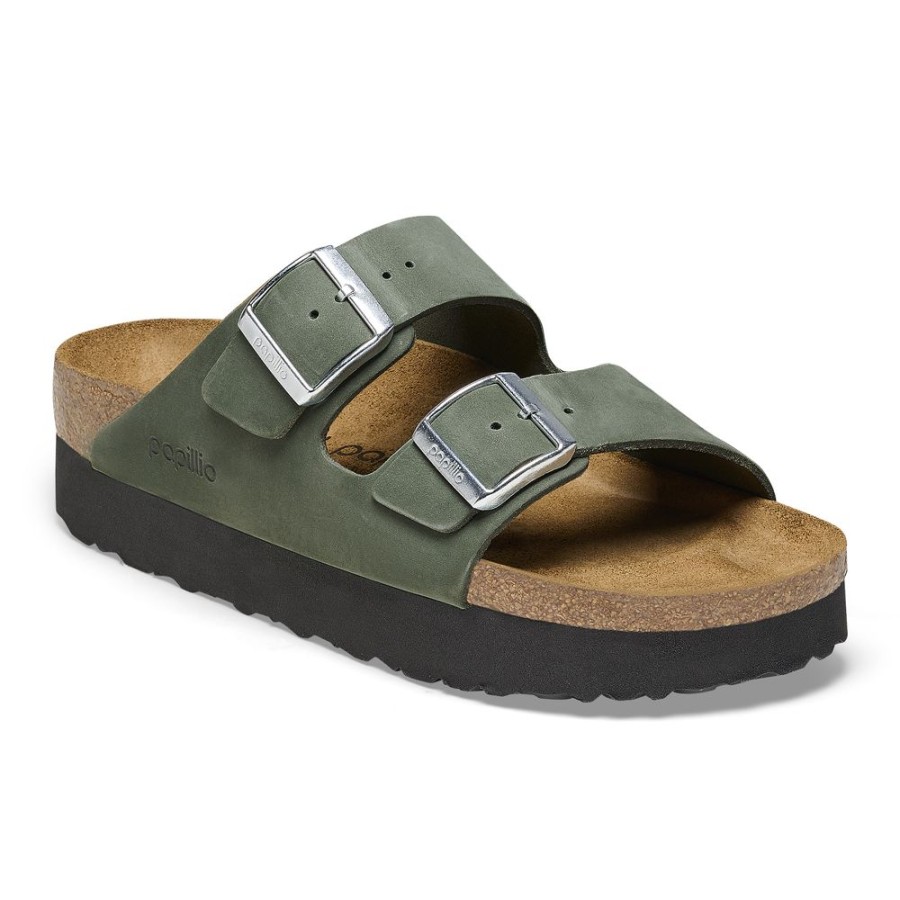 Birkenstock Arizona Platform Thyme Nubuck Leather Narrow Width Hard Footbed | Sandals