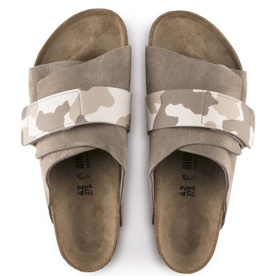 Birkenstock Kyoto Taupe Grey Camo Suede Leather Narrow Width Hard Footbed | Sandals