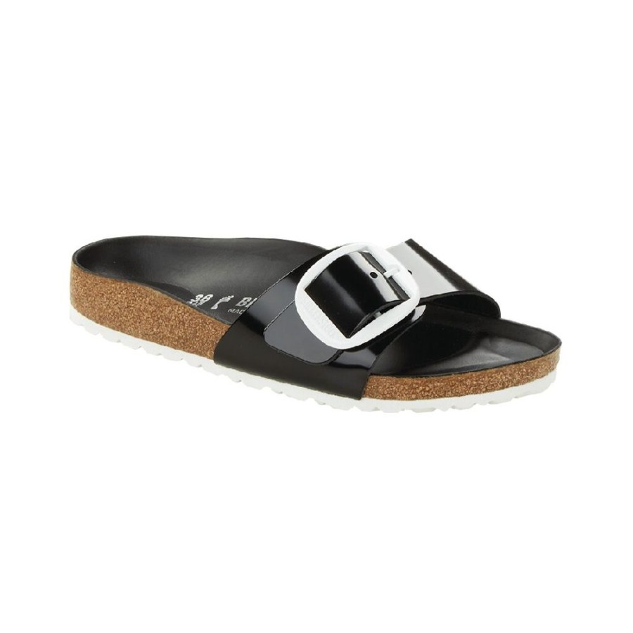 Birkenstock Madrid Big Buckle High Shine Black White Narrow Width Hard Footbed | Sandals