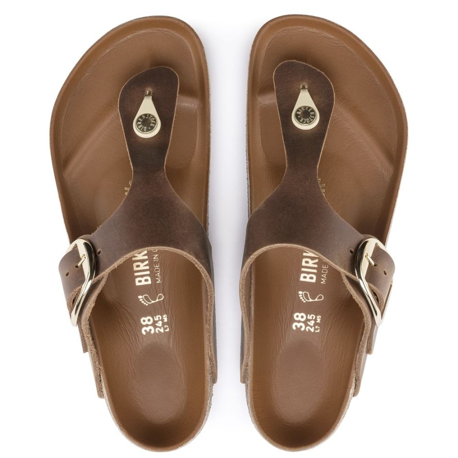 Birkenstock Gizeh Big Buckle Cognac Oiled Leather Regular Width Hard Footbed | Sandals