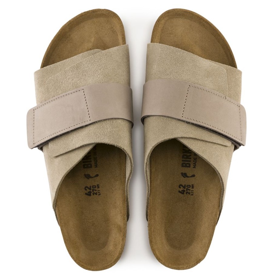 Birkenstock Kyoto Mens Taupe Suede Leather Regular Width Hard Footbed | Sandals