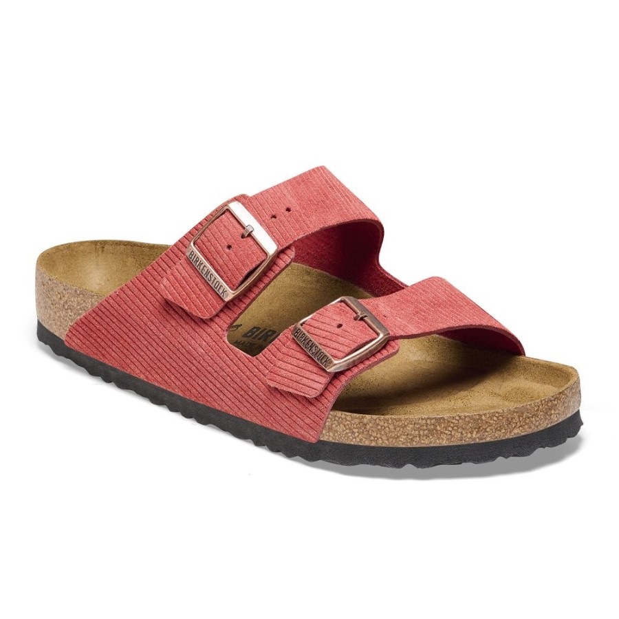 Birkenstock Arizona Sienna Red Corduroy Embossed Suede Leather Narrow Width Hard Footbed | Sandals