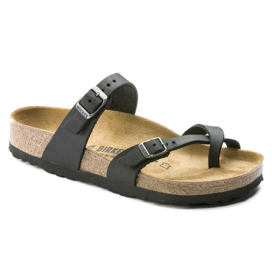 Birkenstock Mayari Black Oiled Leather Regular Width Hard Footbed | Sandals