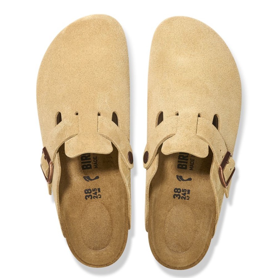 Birkenstock Boston Latte Cream Suede Leather Narrow Width Hard Footbed | Clogs