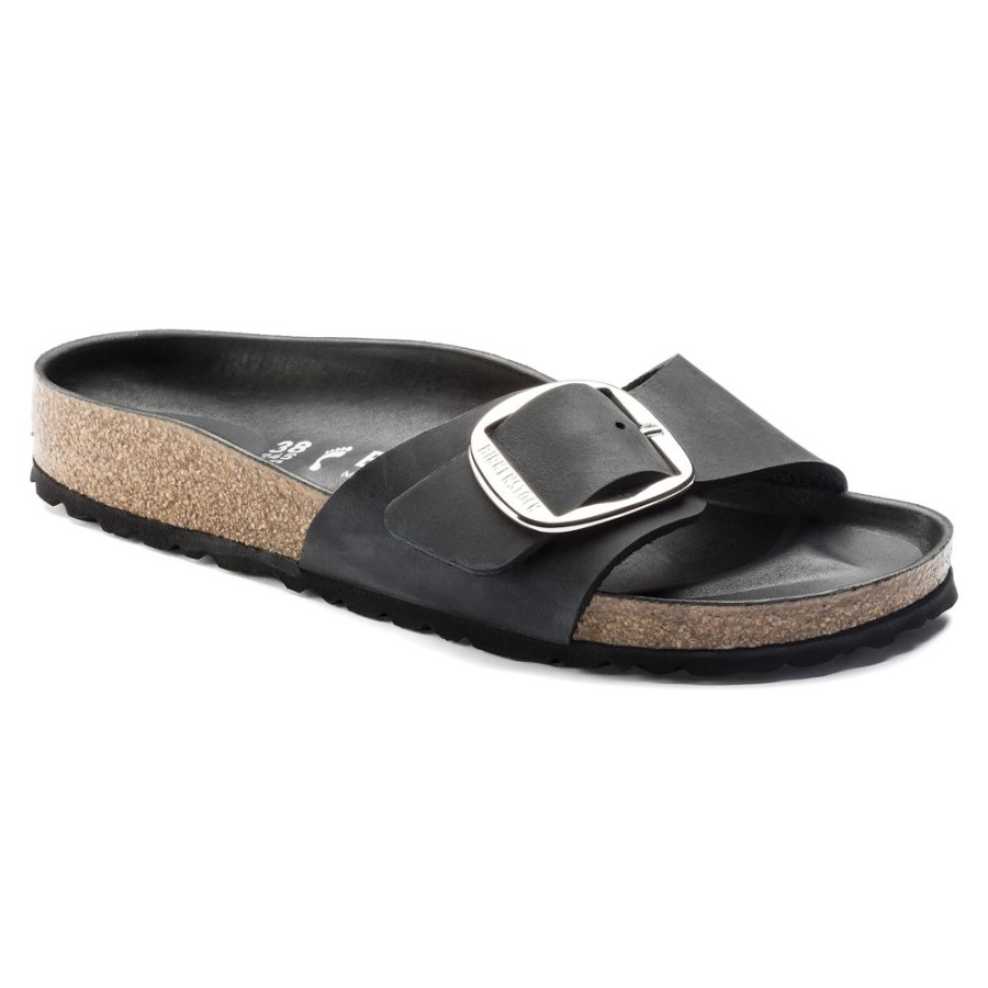 Birkenstock Madrid Big Buckle Black Oiled Leather Narrow Width Hard Footbed | Sandals