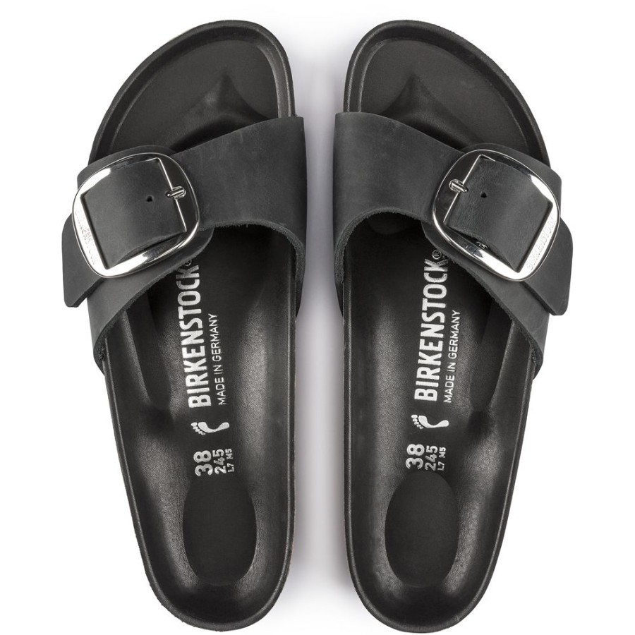 Birkenstock Madrid Big Buckle Black Oiled Leather Narrow Width Hard Footbed | Sandals