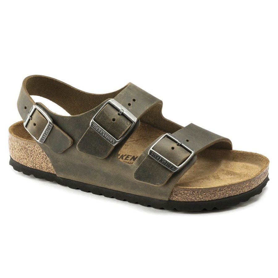 Birkenstock Milano Faded Khaki Oiled Leather Regular Width Hard Footbed | Sandals