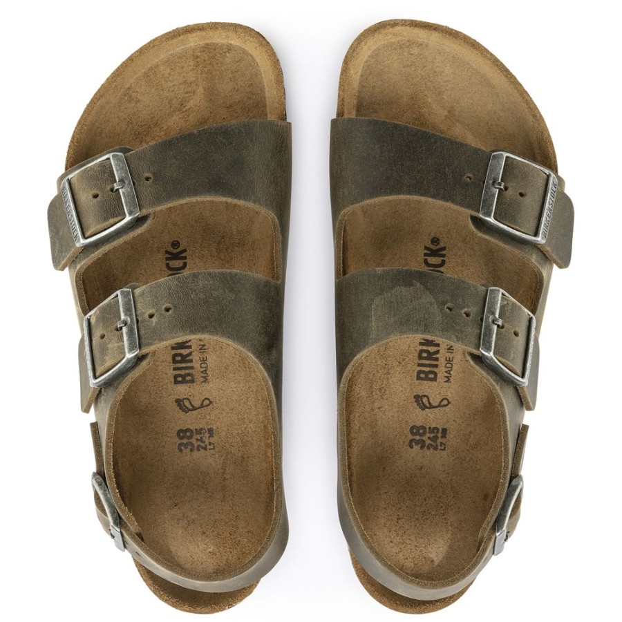 Birkenstock Milano Faded Khaki Oiled Leather Regular Width Hard Footbed | Sandals