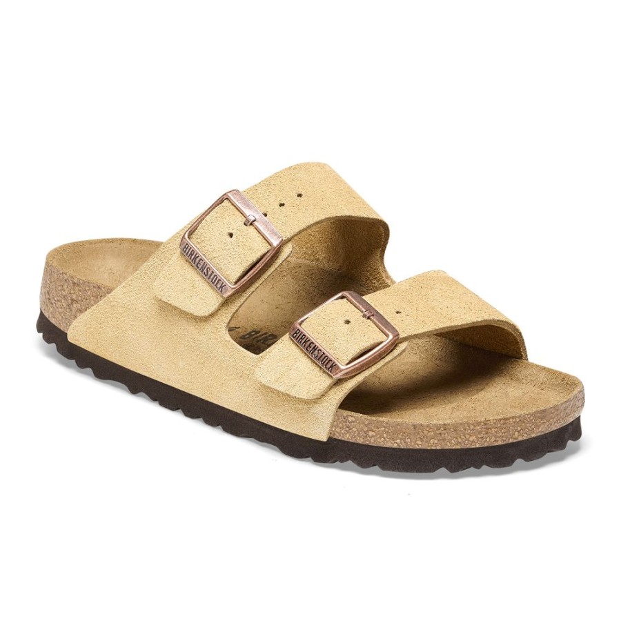 Birkenstock Arizona Latte Cream Suede Leather Narrow Width Hard Footbed | Sandals