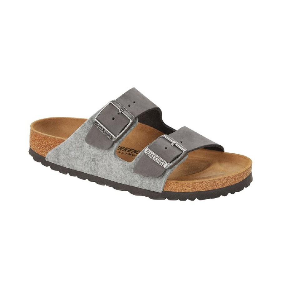 Birkenstock Arizona Light Grey Wool Iron Oiled Leather Narrow Width Hard Footbed | Sandals