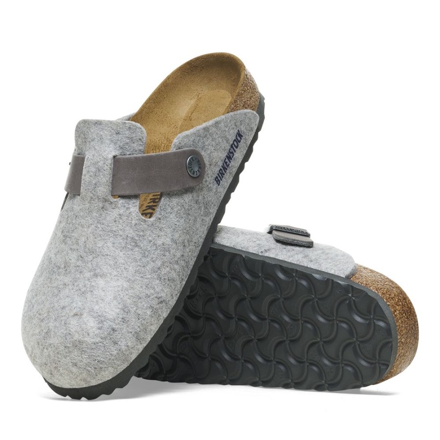 Birkenstock Boston Light Grey Wool Iron Oiled Strap Regular Width Hard Footbed | Slippers