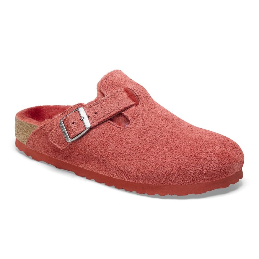 Birkenstock Boston Shearling Sienna Red Suede Narrow Width | Slippers