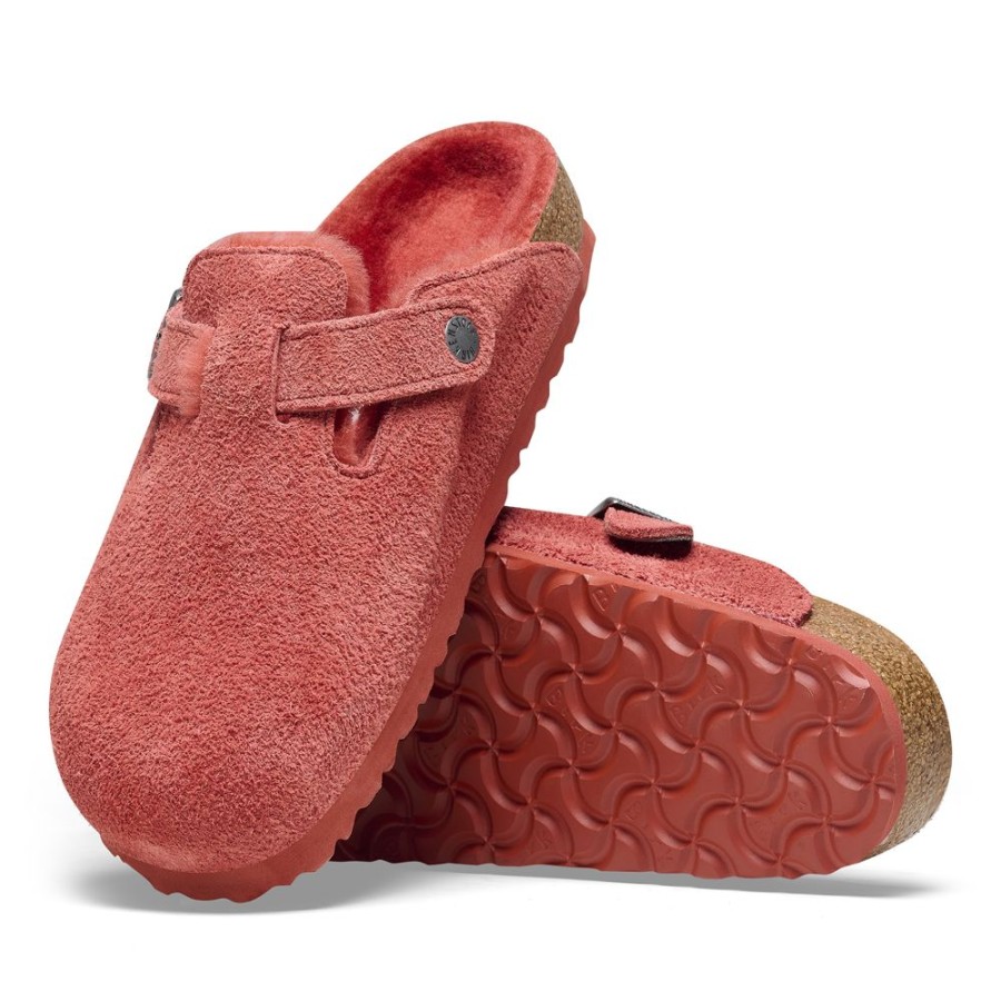 Birkenstock Boston Shearling Sienna Red Suede Narrow Width | Slippers