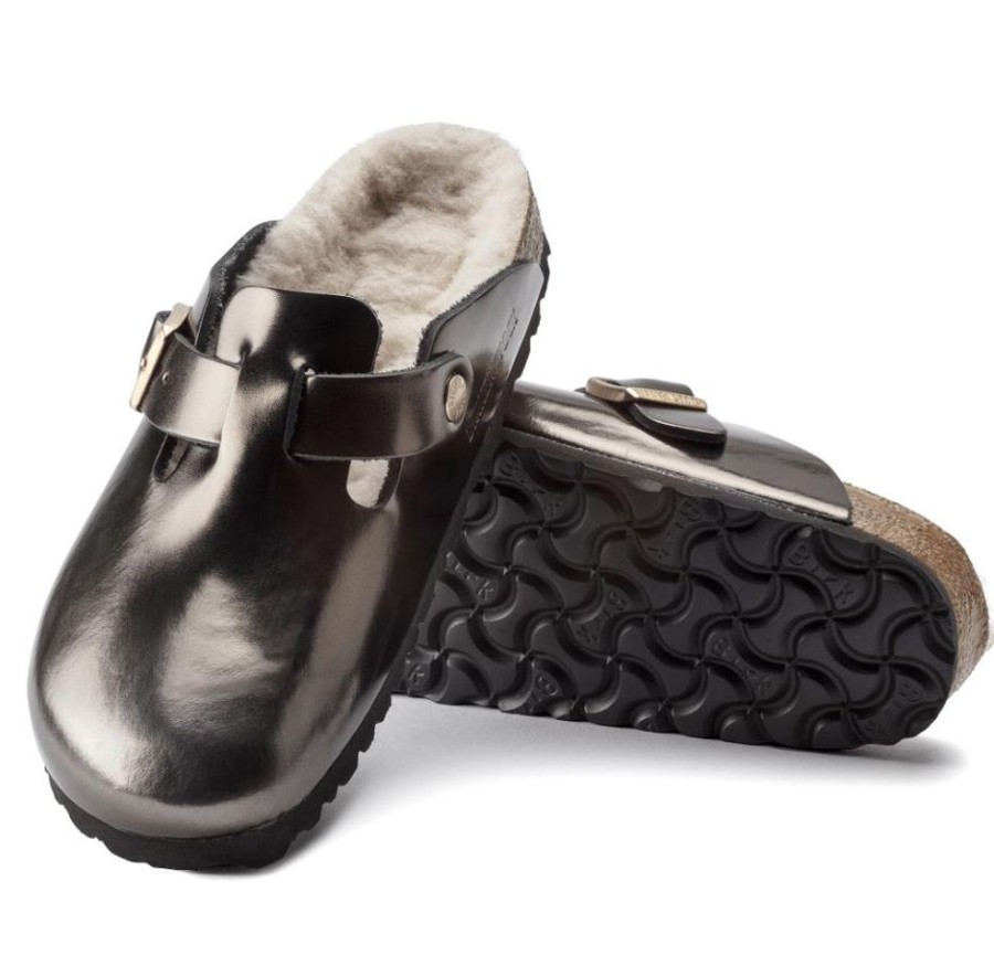 Birkenstock Boston Shearling Metallic Anthracite Regular Width | Clogs