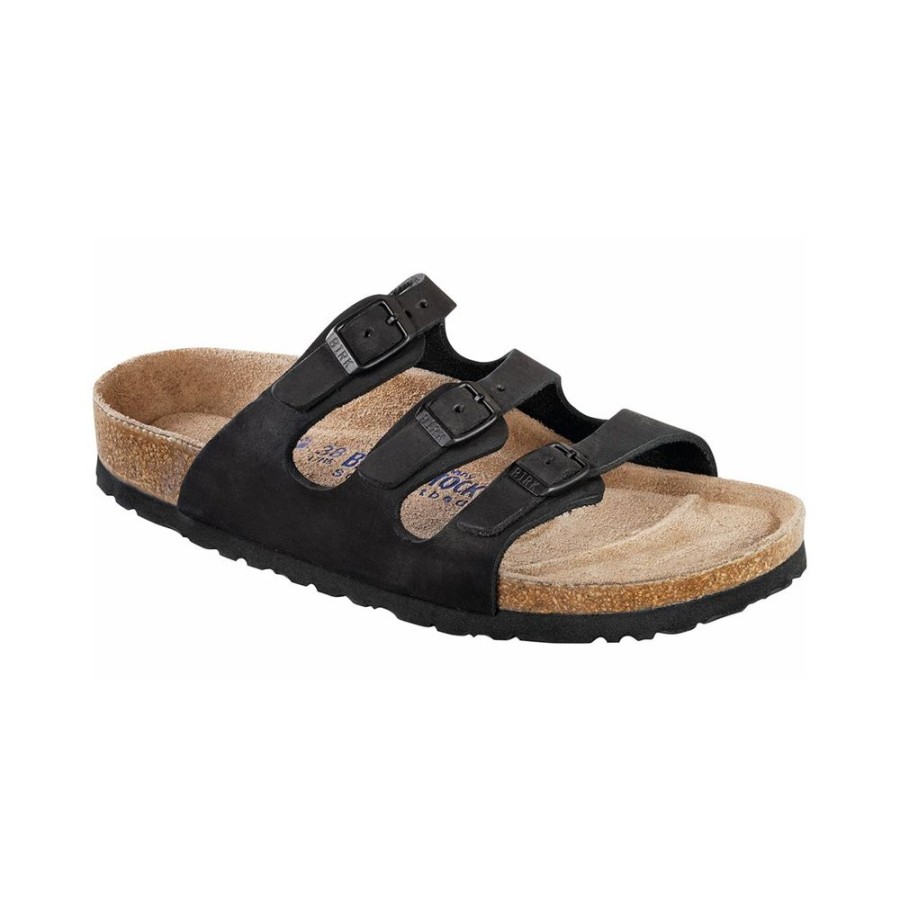 Birkenstock Florida Black Oiled Leather Regular Width Soft Footbed | Sandals