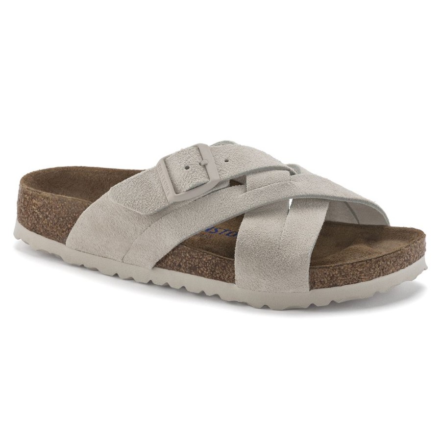 Birkenstock Lugano Antique White Suede Leather Narrow Width Soft Footbed | Sandals