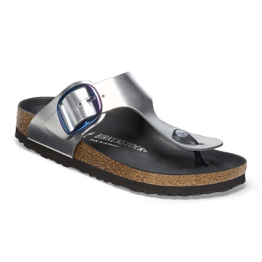 Birkenstock Gizeh Big Buckle Metallic Silver Leather Regular Width Hard Footbed | Sandals