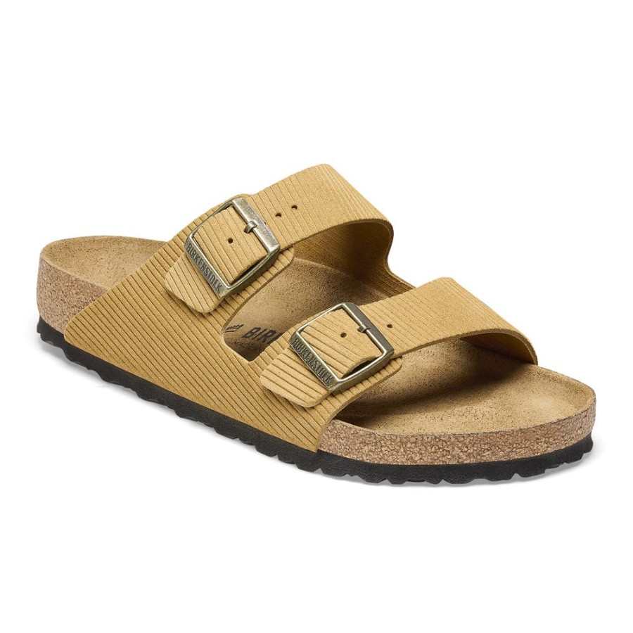 Birkenstock Arizona Cork Brown Corduroy Embossed Suede Leather Narrow Width Hard Footbed | Sandals