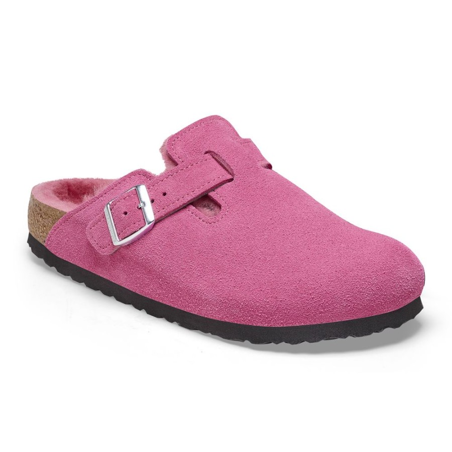 Birkenstock Boston Shearling Fuchsia Tulip Suede Narrow Width | Clogs