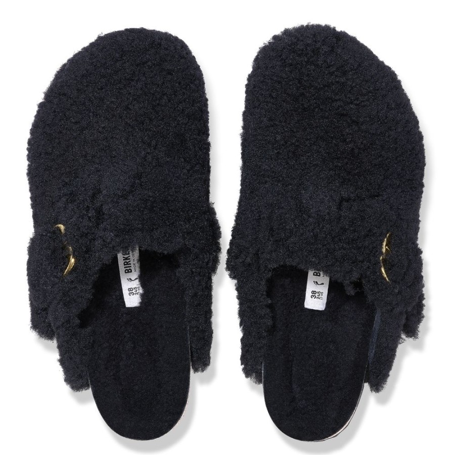 Birkenstock Boston Big Buckle Shearling Teddy Black Narrow Width | Clogs